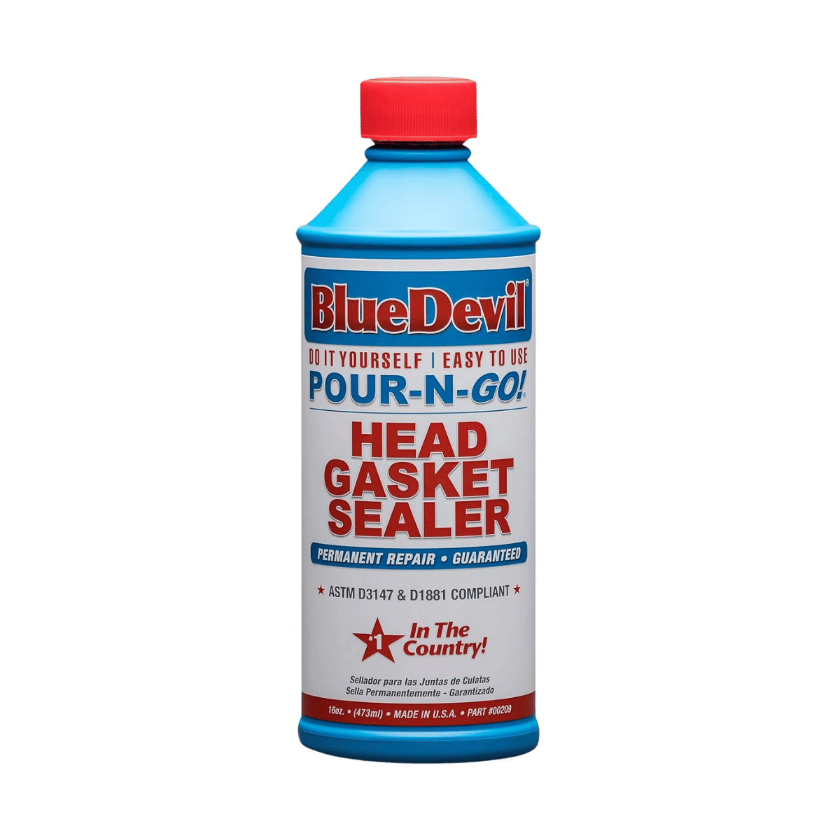 A bottle of Blue Devil Pour-N-Go Head Gasket Sealer with red cap and blue label, predominantly blue in color.
