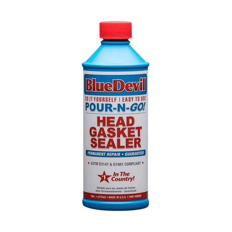 A bottle of Blue Devil Pour-N-Go Head Gasket Sealer with red cap and blue label, predominantly blue in color.