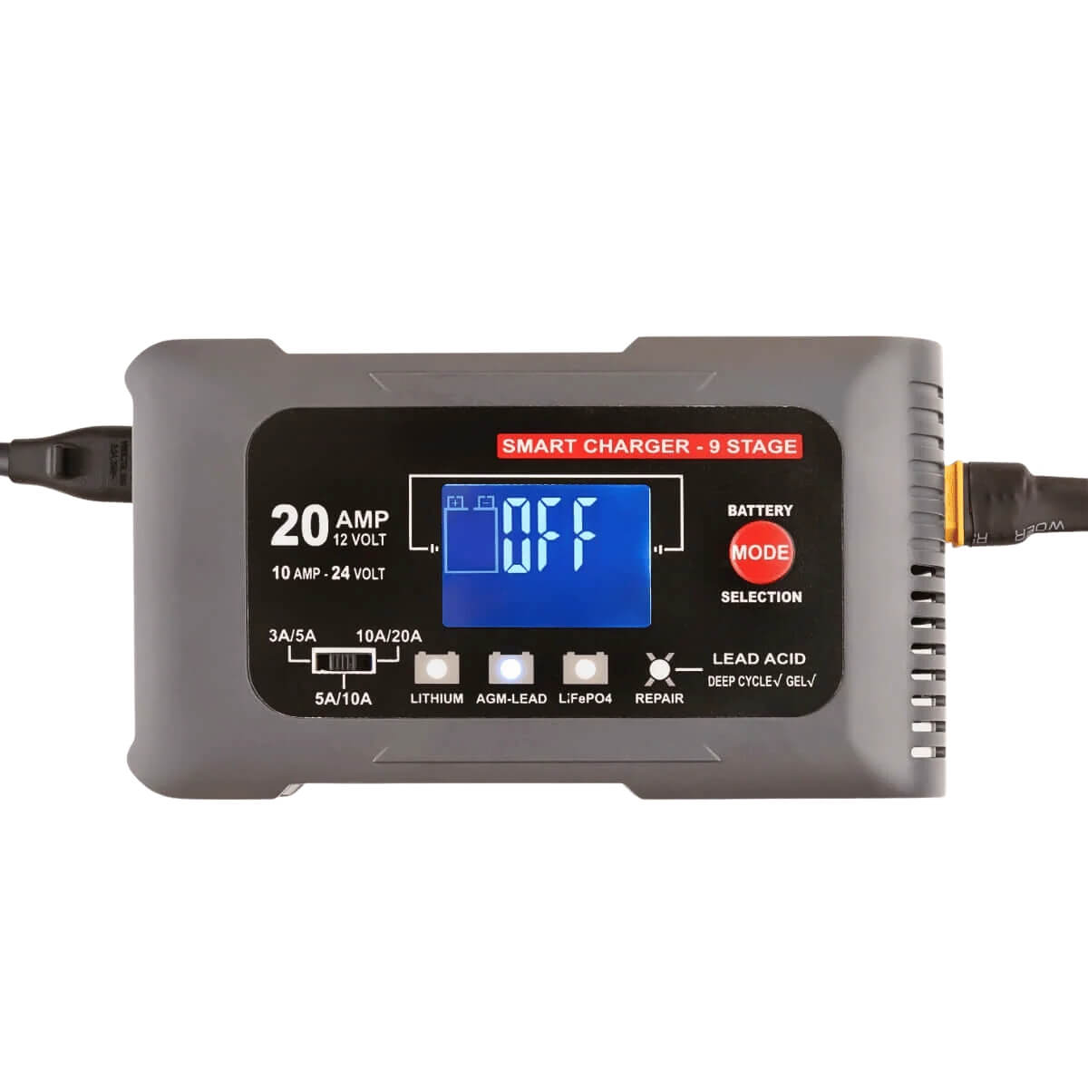 20A Smart Battery Charger & Maintainer 12V/24V, 9-Stage, Lithium Capable, Multi-Amp, Fan Cooled with Repair Mode