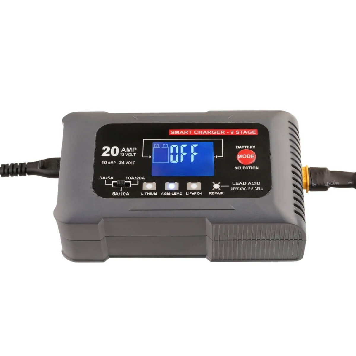 20A Smart Battery Charger & Maintainer 12V/24V, 9-Stage, Lithium Capable, Multi-Amp, Fan Cooled with Repair Mode