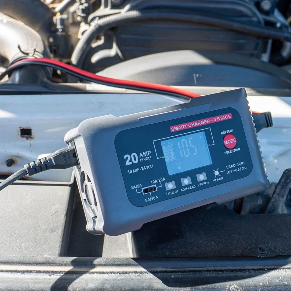 20A Smart Battery Charger & Maintainer 12V/24V, 9-Stage, Lithium Capable, Multi-Amp, Fan Cooled with Repair Mode