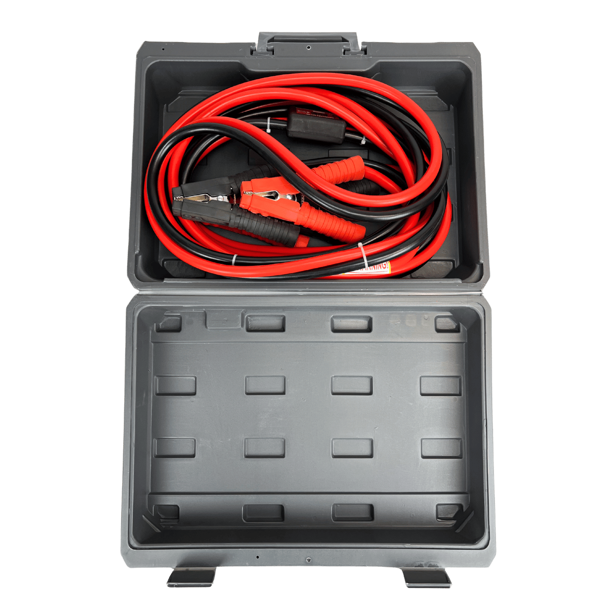 Jumper cables in a gray carrying case on a transparent background