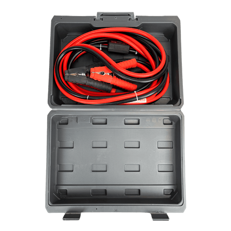 Jumper cables in a gray carrying case on a transparent background