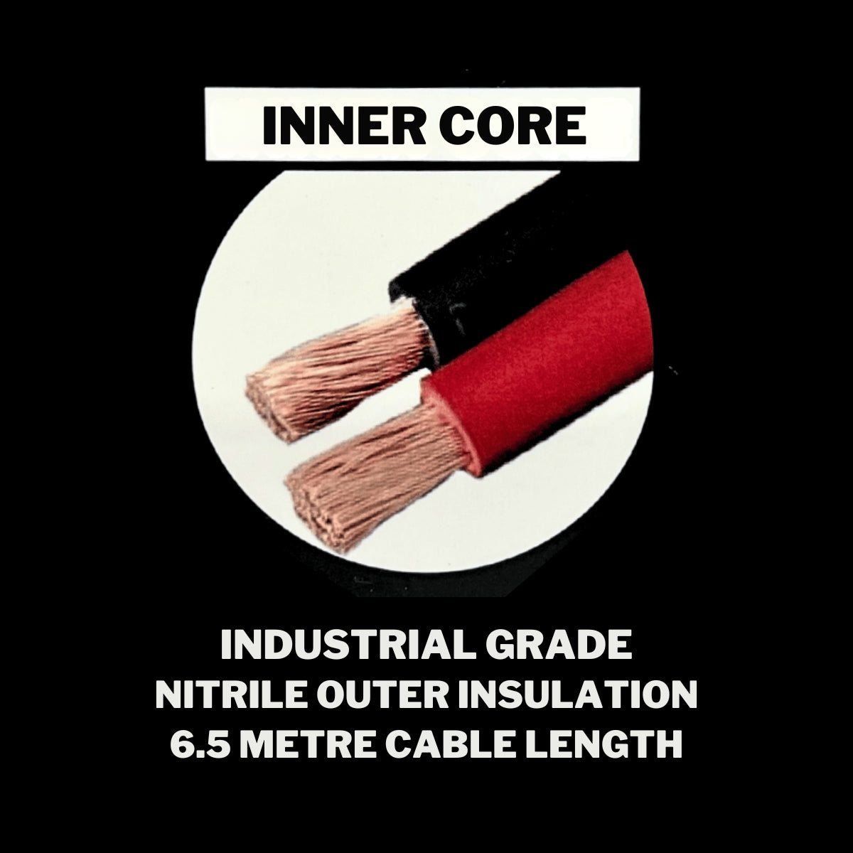 Cable with red and black insulation and inner core on a black background with text about cable specifications.