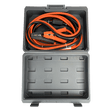 Jump starter cable set with black and orange cables in a gray carrying case on a transparent background