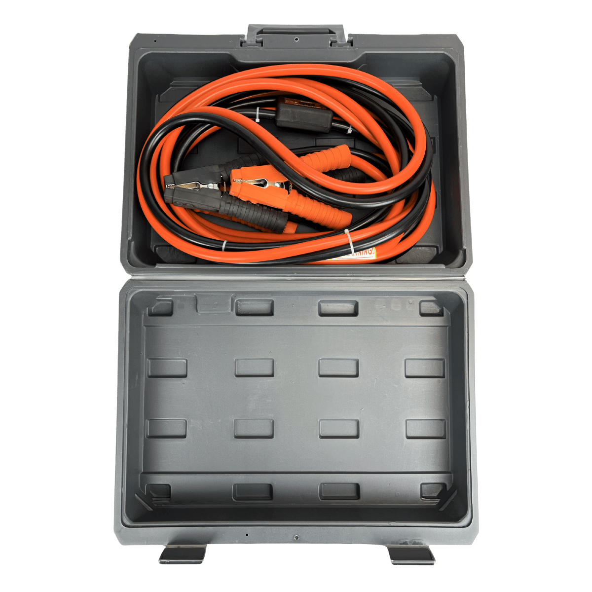 Jump starter cable set with black and orange cables in a gray carrying case on a transparent background