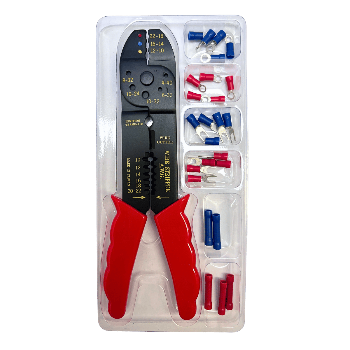 Crimping tool with red and blue handles and a black body, accompanied by 25 insulated terminals in a clear plastic package.
