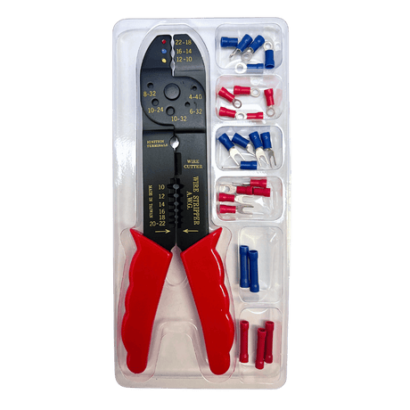Crimping tool with red and blue handles and a black body, accompanied by 25 insulated terminals in a clear plastic package.