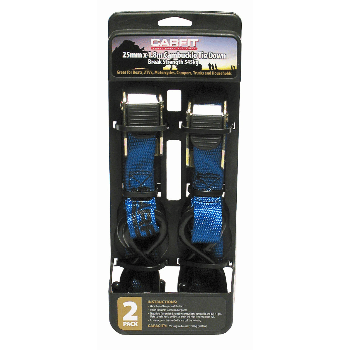 Carfit Cambuckle Tie Down 1.8M x 25mm 2Pack