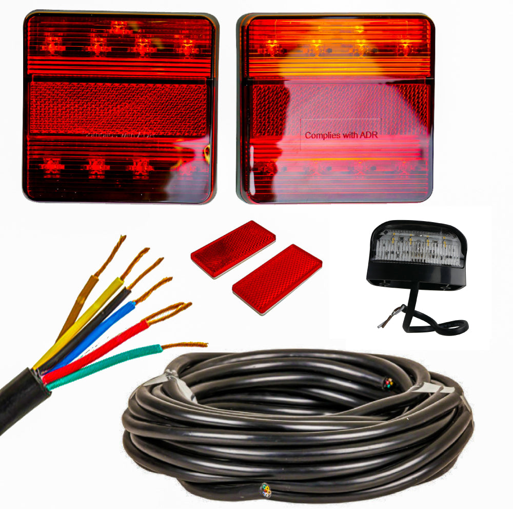 12V Universal 5 Core Trailer Wiring Kit With Square LED Lamps & Number Plate Light