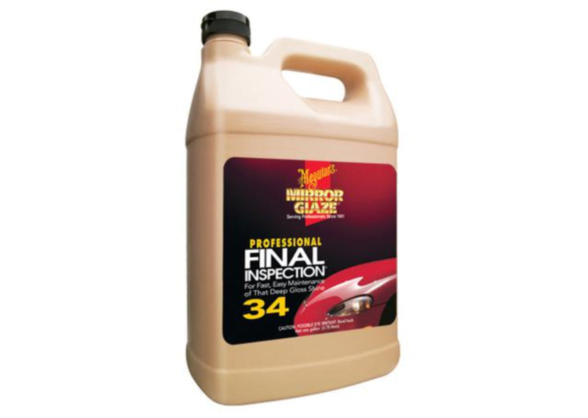 A bottle of Meguiars M34 Mirror Glaze Final Inspection Spray Detailer in a beige container with red and black label detailing.