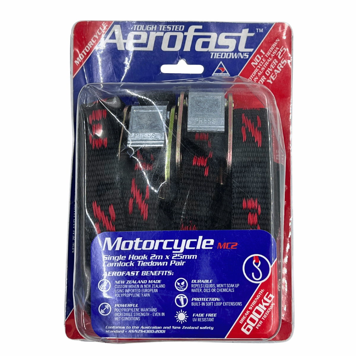 Aerofast Motorcycle Cam Buckle Tie Down Single Hook 25mm x 2m 2 Pack