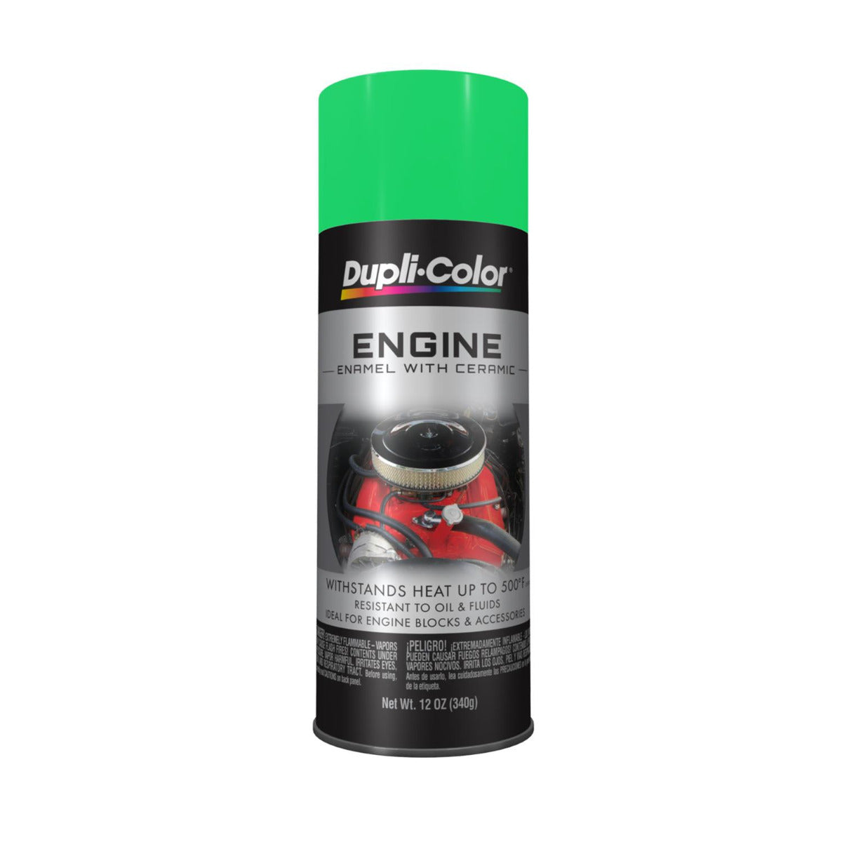 A can of Dupli-Color Engine Enamel in a Grabber Green Lime color, designed for high temperature and high-performance engine paint applications.