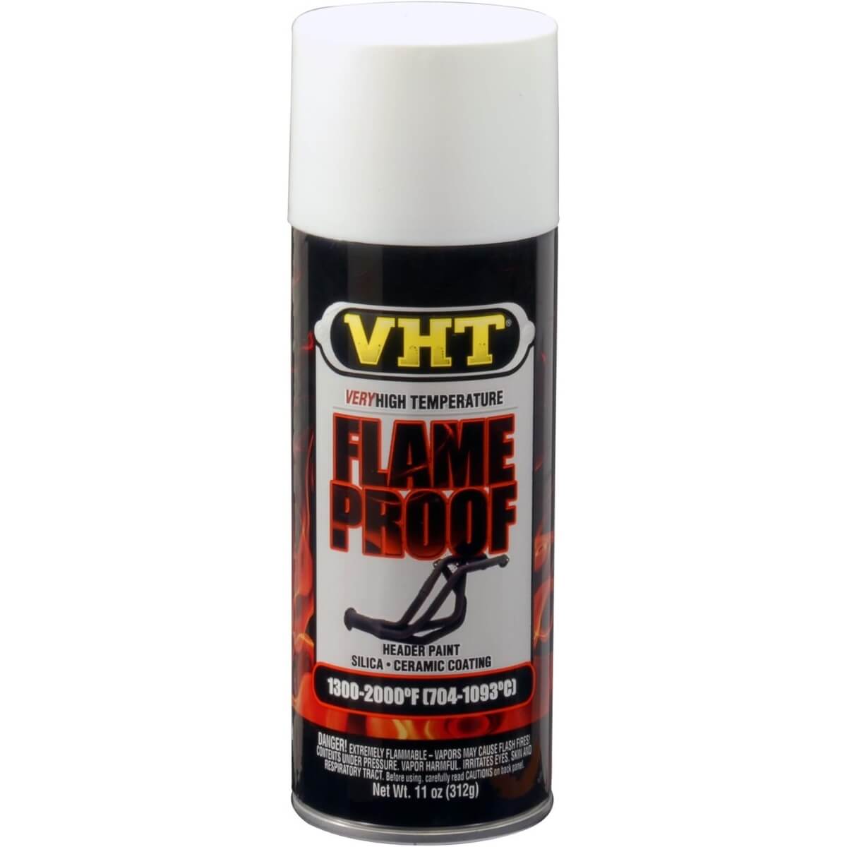 A can of VHT Flameproof Coating in white color, designed for high temperature applications, with labeling that includes the product name and information such as '500°F', '12-14 sq ft per can', and 'Exhaust components, radiator & cooling system components & manifolds'.