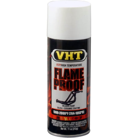 A can of VHT Flameproof Coating in white color, designed for high temperature applications, with labeling that includes the product name and information such as '500°F', '12-14 sq ft per can', and 'Exhaust components, radiator & cooling system components & manifolds'.