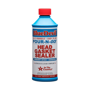 A bottle of Blue Devil Pour-N-Go Head Gasket Sealer with red cap and blue label, predominantly blue in color.