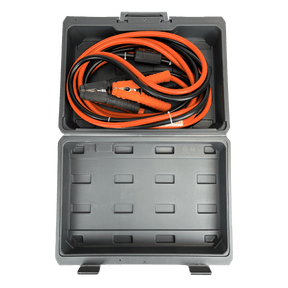 Jump starter cable set with black and orange cables in a gray carrying case on a transparent background