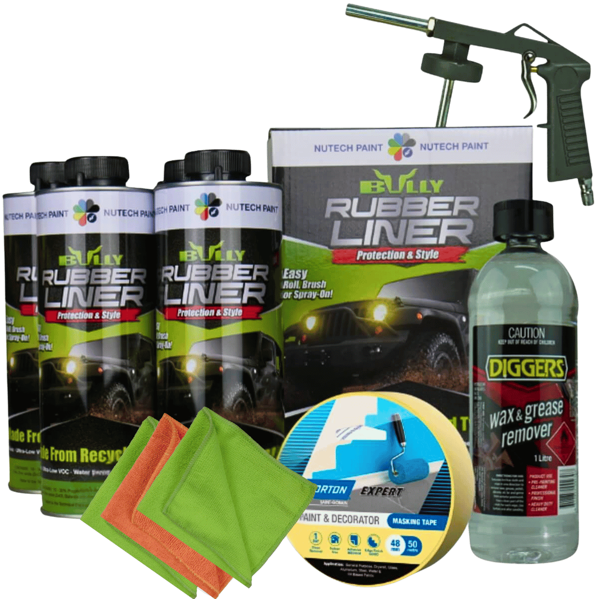 Collection of automotive care products including bottles, a spray gun, and packaging on a white background.