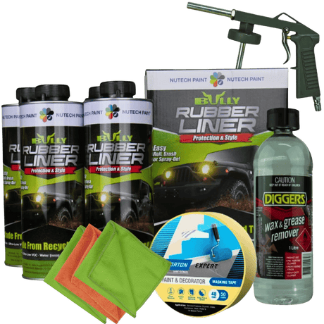 Collection of automotive care products including bottles, a spray gun, and packaging on a white background.