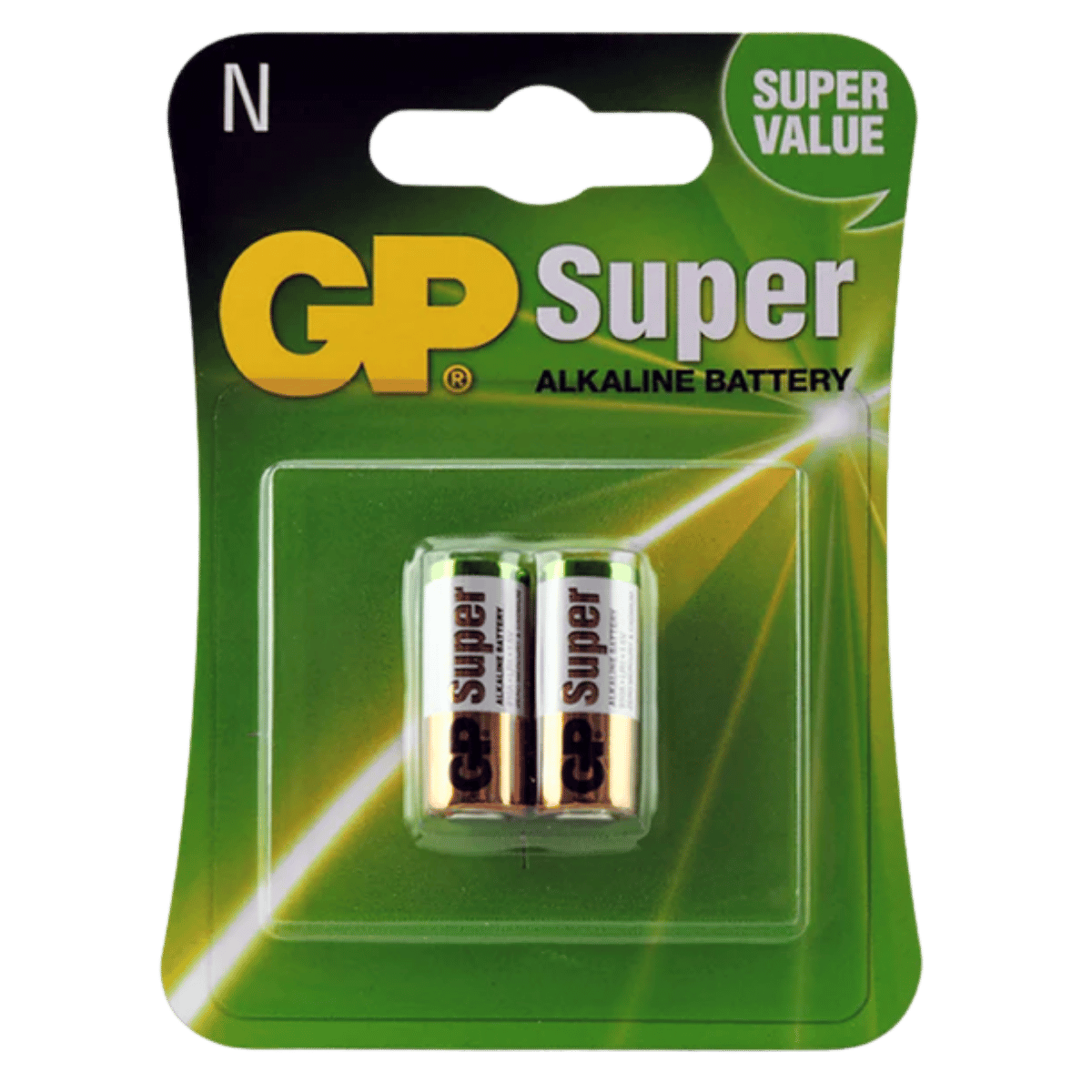 GP Super alkaline battery packaging with two batteries inside on a green background