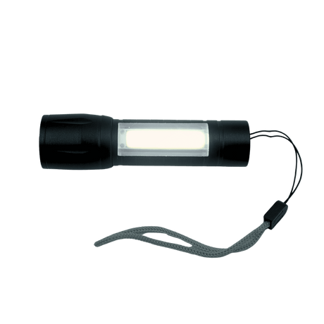 Black flashlight with a lanyard on a transparent background