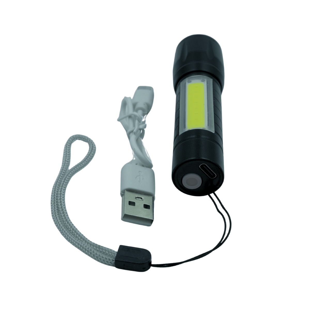 Black flashlight with USB cable on a transparent background