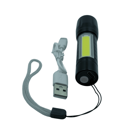 Black flashlight with USB cable on a transparent background