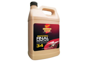 A bottle of Meguiars M34 Mirror Glaze Final Inspection Spray Detailer in a beige container with red and black label detailing.