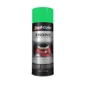 A can of Dupli-Color Engine Enamel in a Grabber Green Lime color, designed for high temperature and high-performance engine paint applications.
