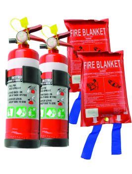 Twin Pack 1KG ABE Fire Extinguishers with Plastic Brackets + Fire Blankets