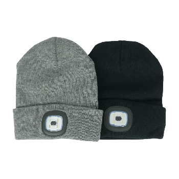 Twin Pack Black + Grey LED Beanie Light with USB Charging 