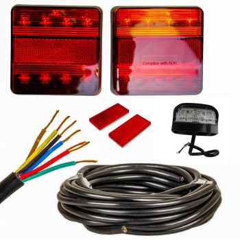 12V Universal 5 Core Trailer Wiring Kit With Square LED Lamps & Number Plate Light 