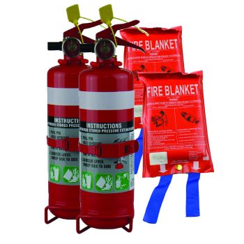 Twin Pack 1KG Dry Chemical ABE Fire Extinguisher with HD Metal Bracket + Fire Blanket 1x1M 