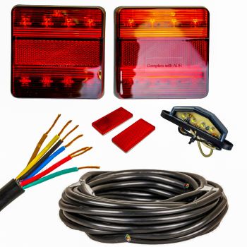 Universal 5 Core Trailer Wiring Kit with Square LED Lamps & Number Plate Light 