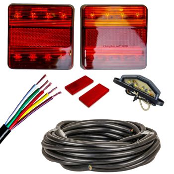 Universal 7 Core Trailer Wiring Kit with Square LED Lamps & Number Plate Light 