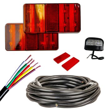 Universal 5 Core Trailer Wiring Kit with Rectangular LED Lamps & 12/24V Number Plate Light 